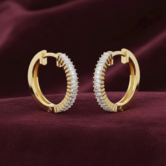 Tiny Hoop Earrings - Baguette Earrings - 14k Baguette Diamond Earrings - Picture 1 of 9